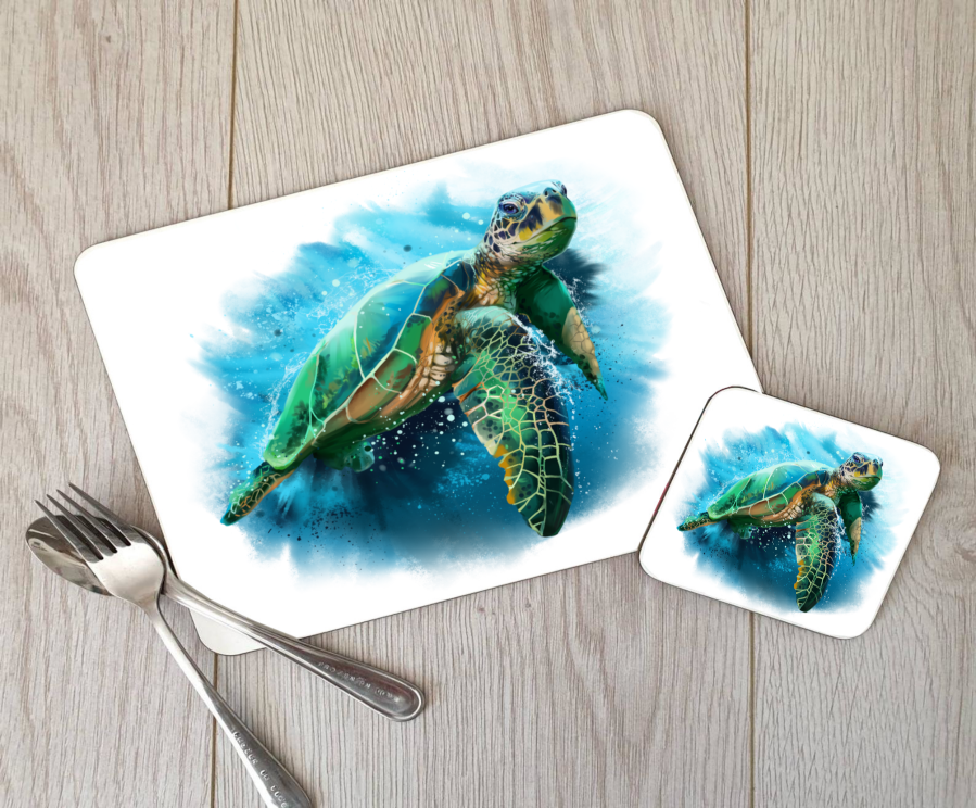 Sea Turtle Hardboard Placemat and Coaster Set, Turtle Table Set